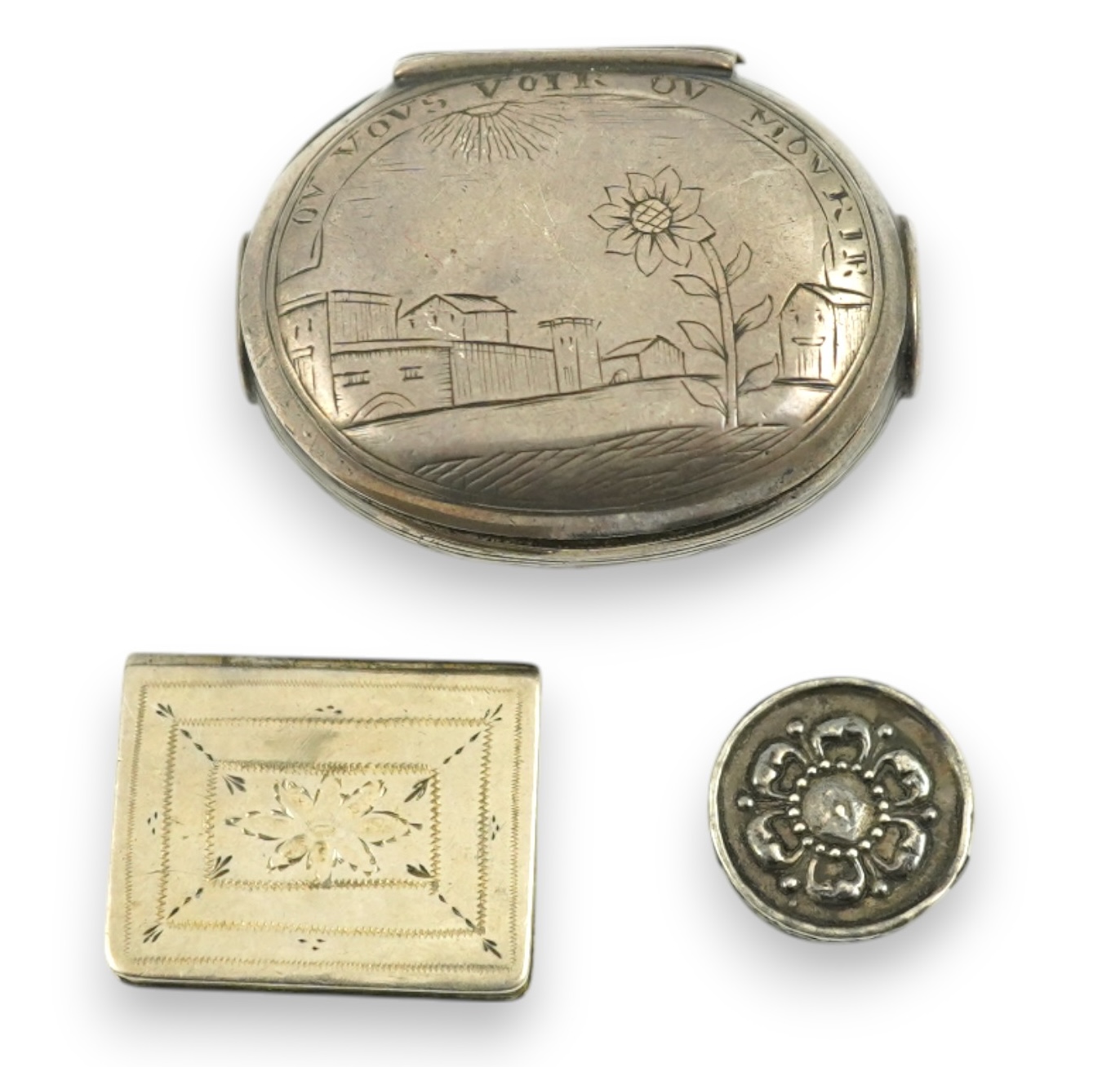 A 17th century style miniature silver snuff box, 40mm, a miniature 'book' box and a token/counter box with one counter. Condition - poor to fair